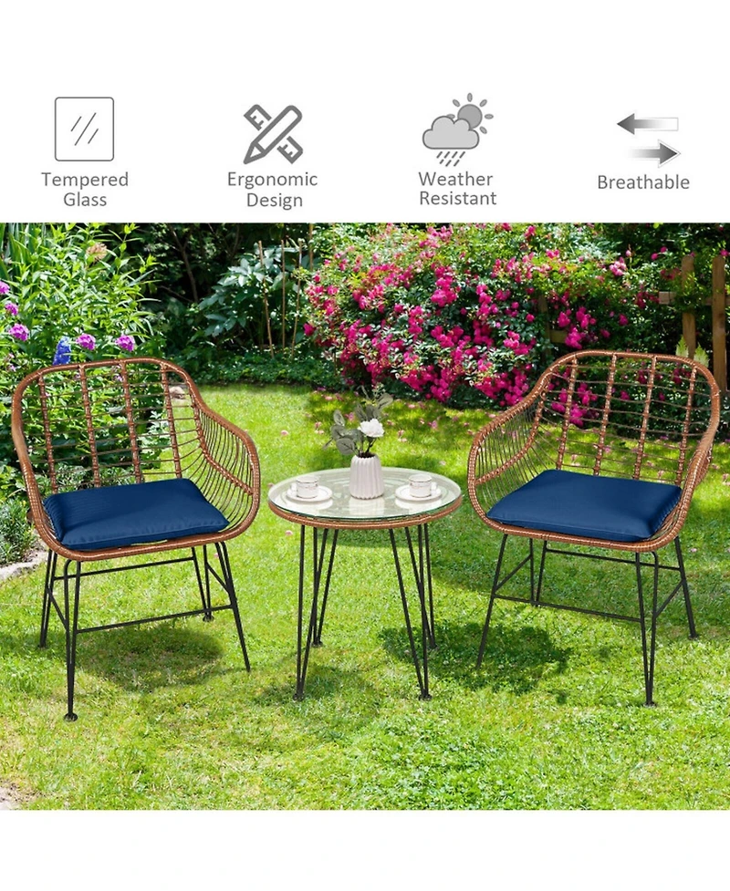 Gouun Outdoor Rattan Bistro Conversation Set with Round Glass Side Table