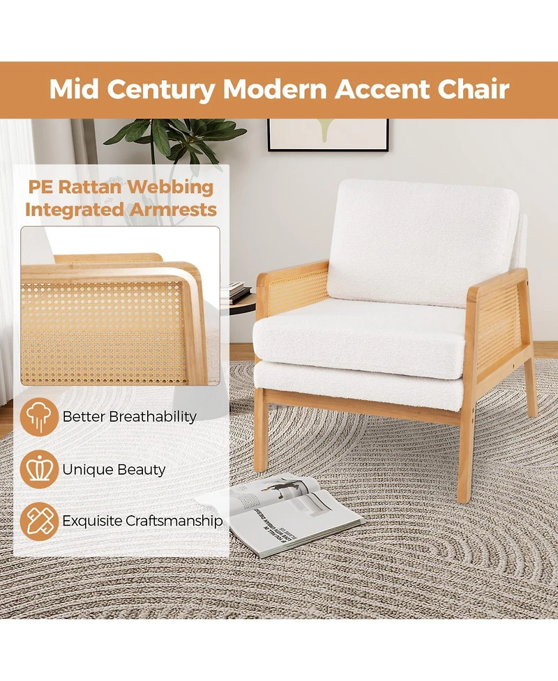Gymax Set Of 2 Mid Century Modern Accent Chair Living Room Armchair With Rattan Arms