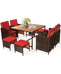Gouun 9 Piece Outdoor Wicker Patio Dining Set with Acacia Wood Tabletop, 4 Chairs and 4 Ottomans