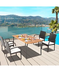 Gouun 5 Piece Outdoor Wicker Dining Set with Acacia Wood Table, Umbrella Hole and 4 Cushioned Chairs