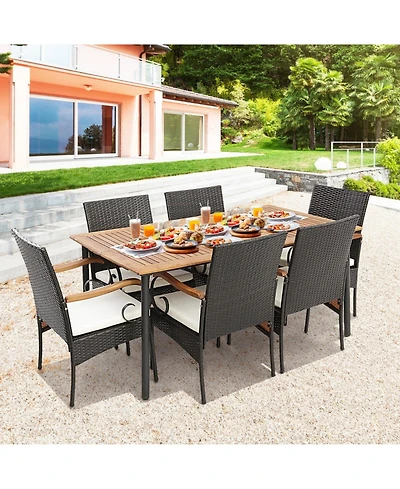 Gouun 7 Piece Outdoor Wicker Dining Set with Detachable Cushions, Acacia Table and Umbrella Hole