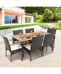 Gouun 7 Piece Outdoor Wicker Dining Set with Detachable Cushions, Acacia Table and Umbrella Hole
