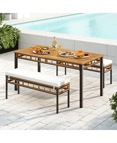 Gouun 3-Piece Acacia Wood Patio Dining Set with Pe Rattan Benches for Deck and Backyard
