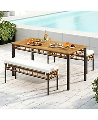 Gouun 3-Piece Acacia Wood Patio Dining Set with Pe Rattan Benches for Deck and Backyard