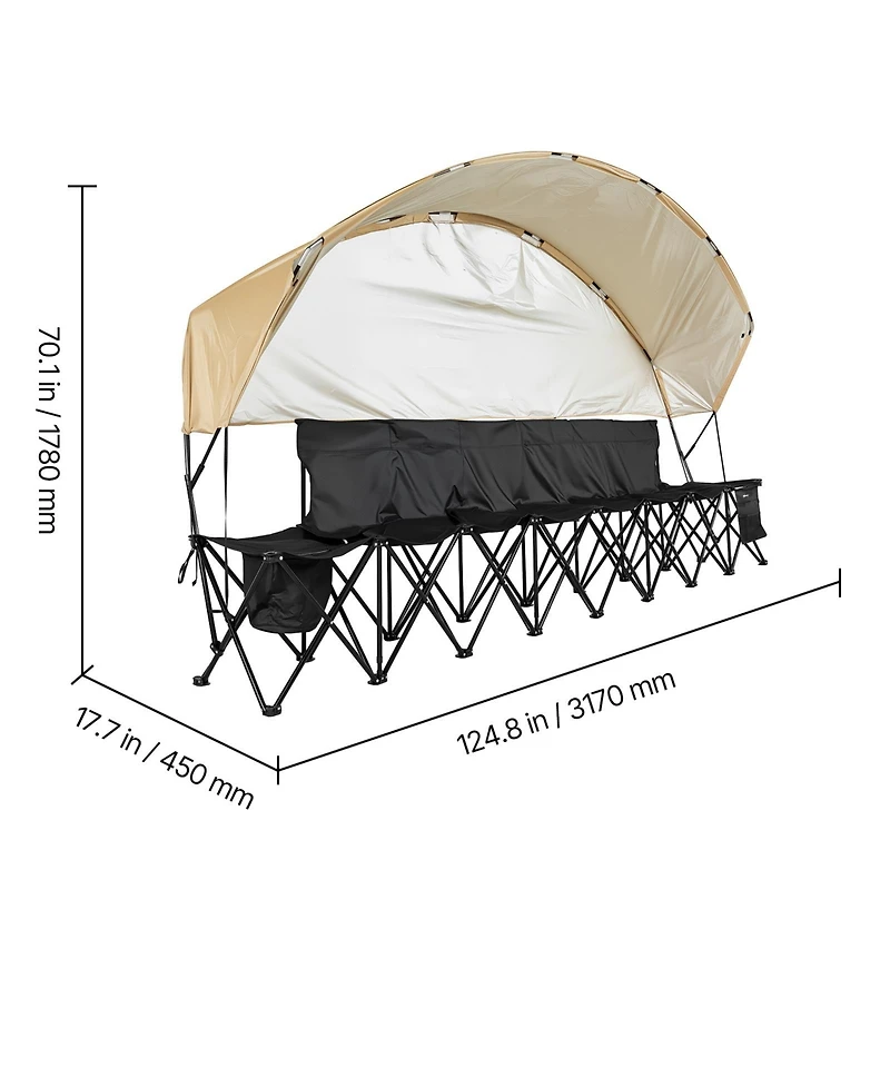 Hongge 6 Seat Folding Sideline Bench with Sunshade Canopy Cup Holders and Storage Pockets for Outdoor Events