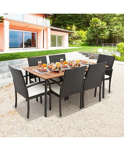 Gouun 7 Piece Outdoor Wicker Dining Set with 63 in Acacia Wood Table, Umbrella Hole and 6 Cushioned Chairs