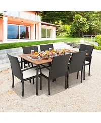 Gouun 7 Piece Outdoor Wicker Dining Set with 63 in Acacia Wood Table, Umbrella Hole and 6 Cushioned Chairs