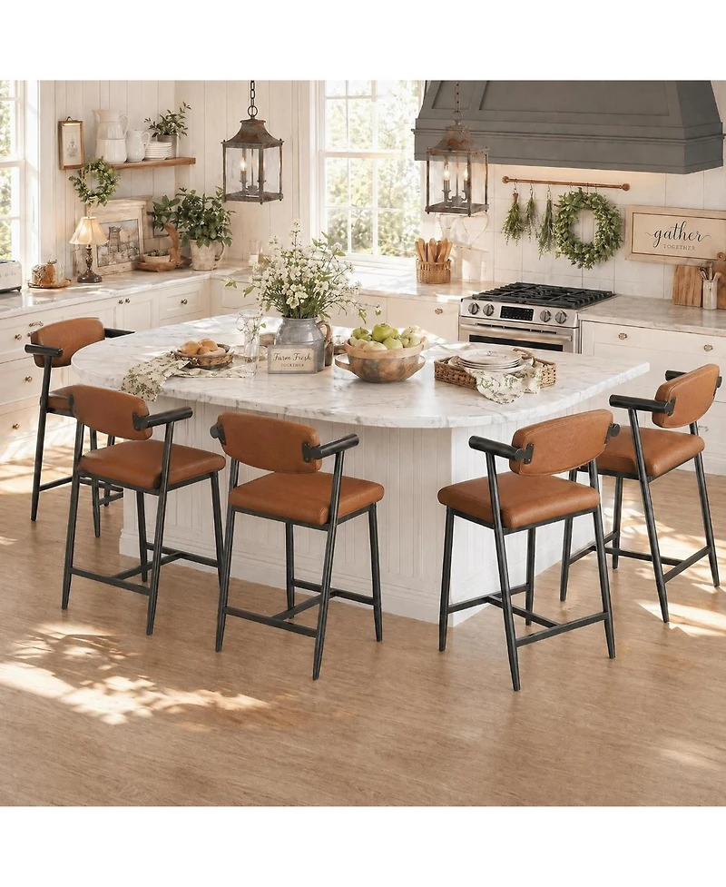 homfan Set of 6 Faux Leather Counter Height Bar Stools with Arms and Back, 400 lb Capacity