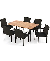 Gouun 7 Piece Outdoor Patio Dining Set with Acacia Wood Table, Umbrella Hole and 6 Wicker Chairs