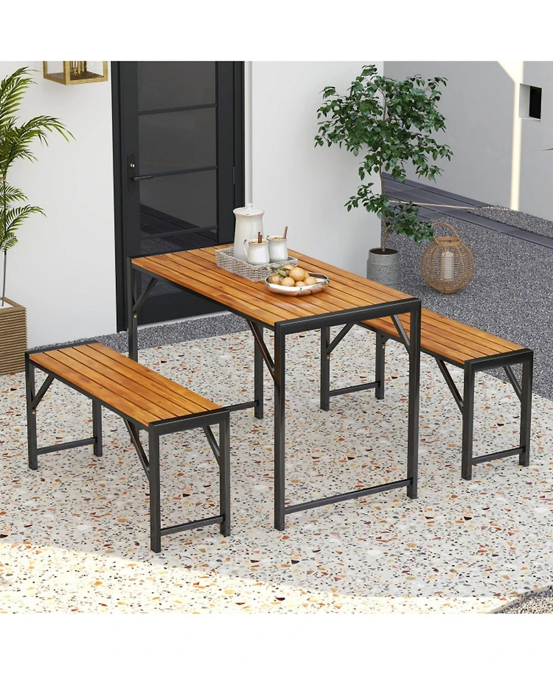 Gouun 3-Piece Outdoor Acacia Wood Patio Picnic Table and Bench Set for 4 People