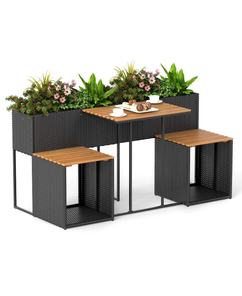 Gouun Outdoor Pe Rattan Patio Dining Set with Raised Garden Bed, 2 Chairs and Acacia Wood Table