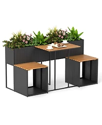 Gouun Outdoor Pe Rattan Patio Dining Set with Raised Garden Bed, 2 Chairs and Acacia Wood Table