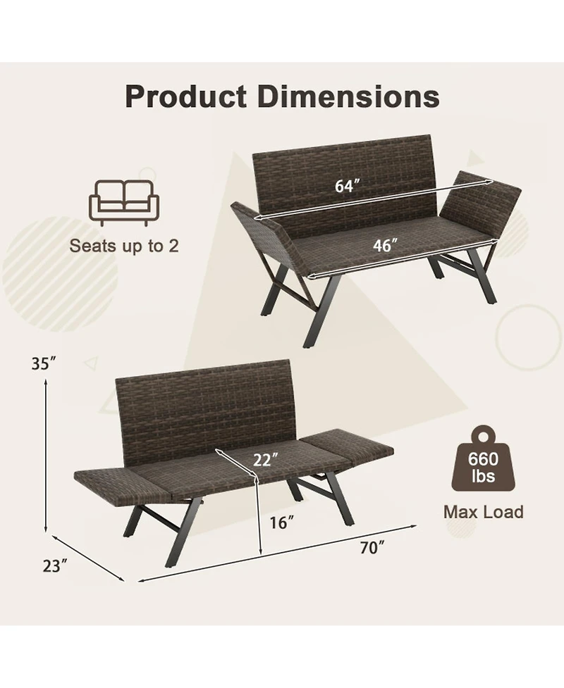 Gouun Outdoor Convertible 3-in-1 Patio Loveseat Sofa with Pe Rattan and Quick-Dry Foam, Seats 2