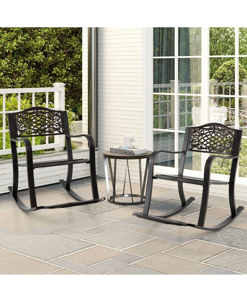 Gouun Cast Aluminum Outdoor Patio Rocking Chair with Footrest, Curved Armrests and Floral Backrest