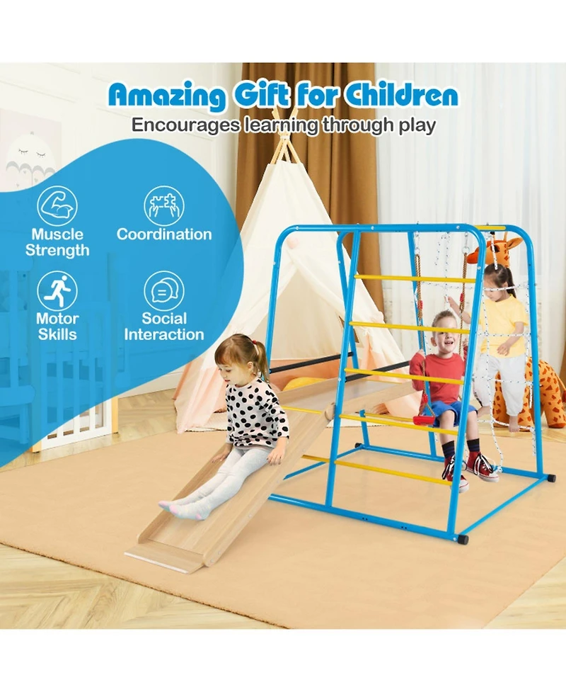 Hongge 6-in-1 Indoor Jungle Gym Playset with Adjustable Swing, 89" x 59" x 62", 220 lbs Capacity, Ages 3+