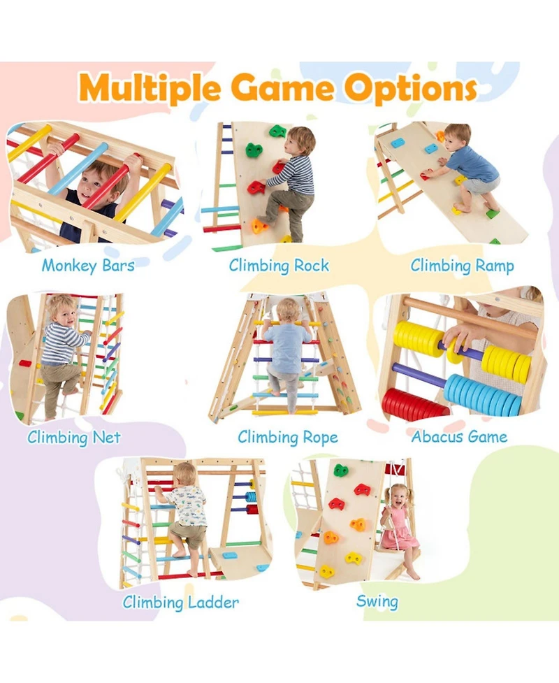 Hongge Foldable Wooden Jungle Gym with Swing and Monkey Bars, Ages 3+