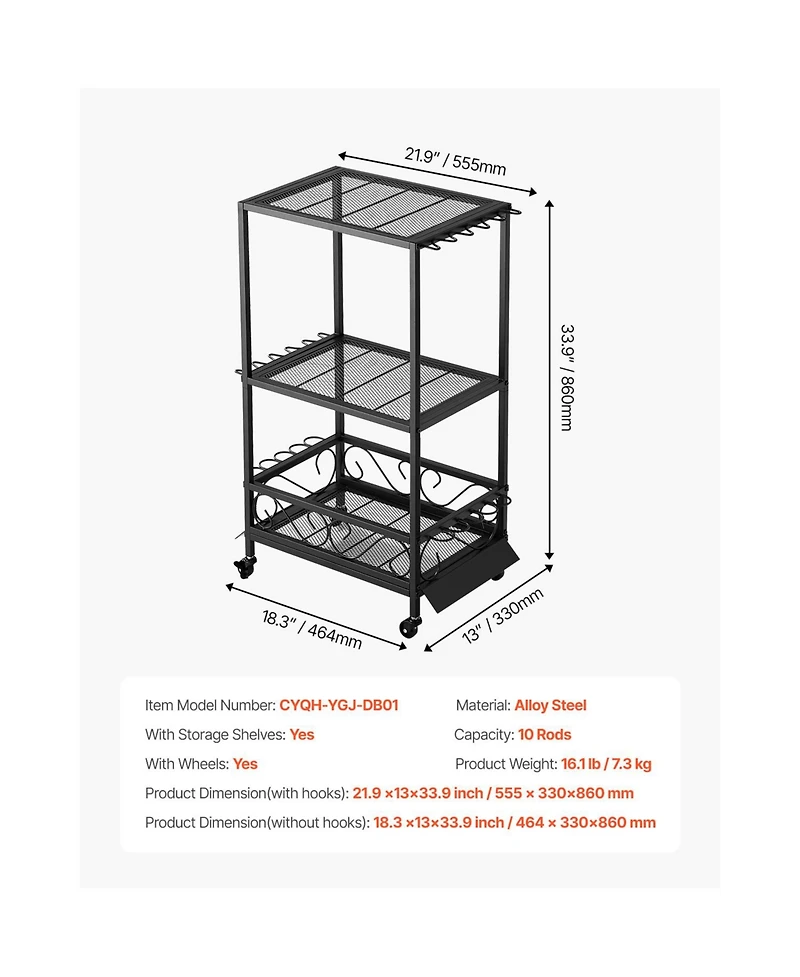 Hongge Mobile 10-Rod Fishing Pole Rack with Storage Shelves and 360 Degree Locking Wheels for Garage Organization