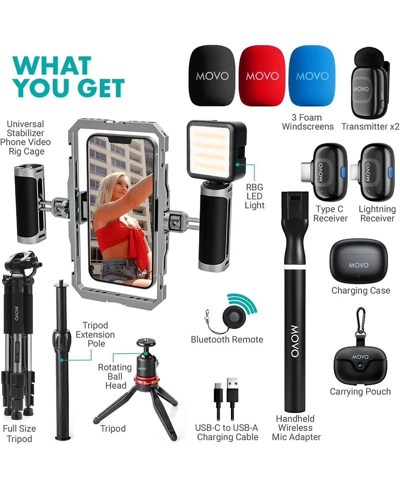 Movo iFilmer-pro Smartphone Rig with Dual Grip Cage, Wireless Lavalier Mics, and Full Size Tripod for iPhone and Android
