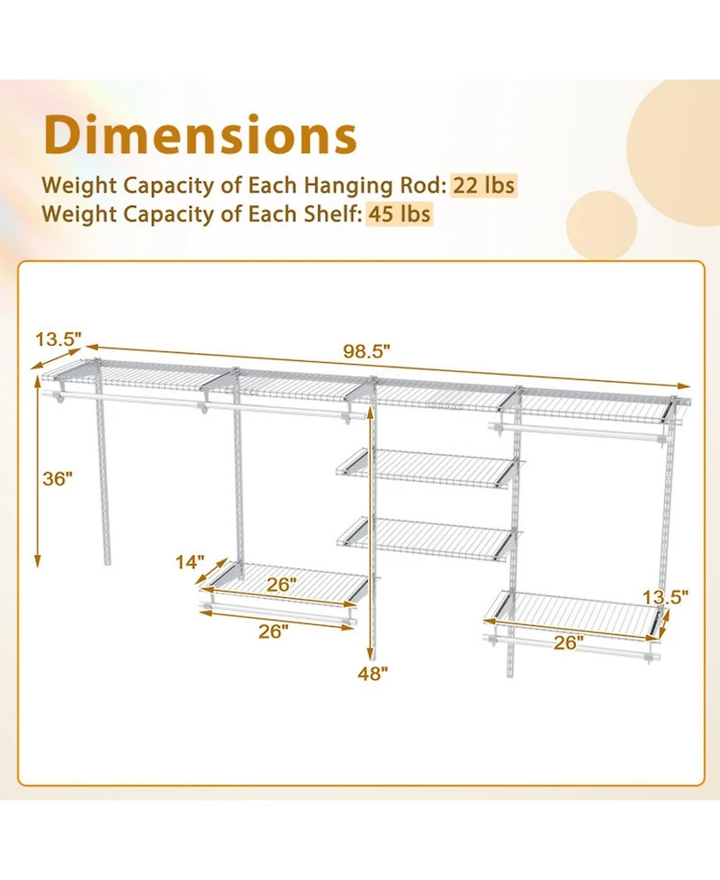 Hongge 4-8 Ft Wall Mounted Closet Organizer System with Hanging Rods