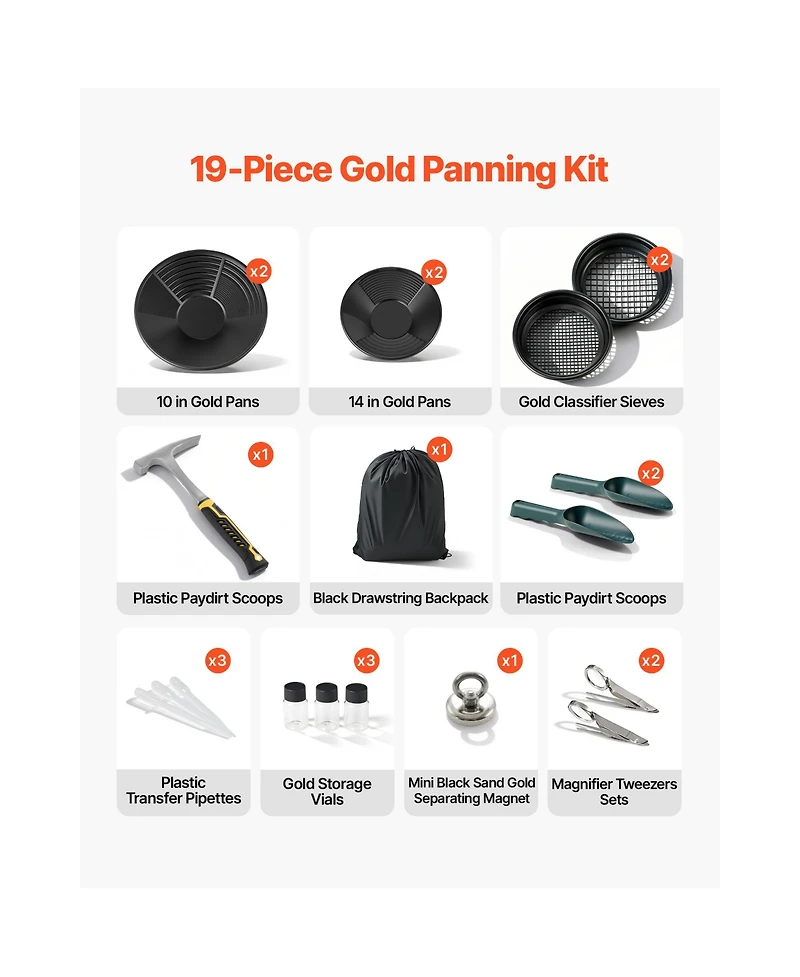 Hongge 19-Piece Gold Panning Kit with 10 in and 14 in Dual-Groove Pans Classifier Sieves and Rock Pick