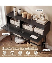 Sugift Rattan Console Table with 2 Storage Cabinets Open Shelf and Carbon Steel Frame