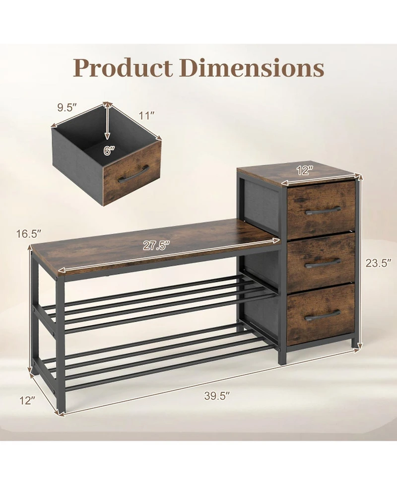 Sugift 3-Tier Industrial Shoe Bench with 3 Removable Fabric Drawers and Anti-Toppling Kits