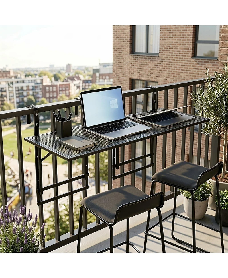 Sugift Set of 2.48in Balcony Railing Tables with 5-Level Adjustable Height for Patio and Deck