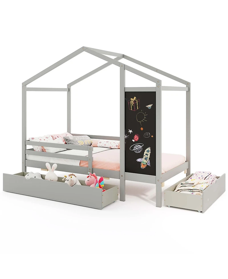 Costway Twin House Bed with 2 Storage Drawers Solid Wood Platform Bed with