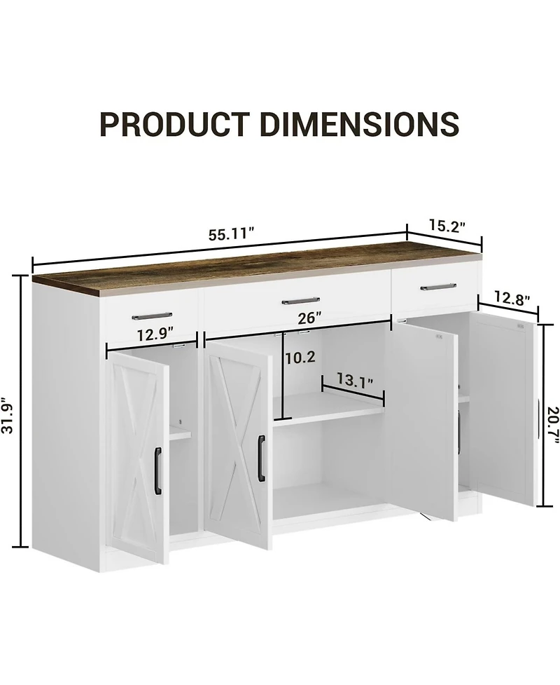 homfan 55" Farmhouse Sideboard Buffet Cabinet with 3 Drawers