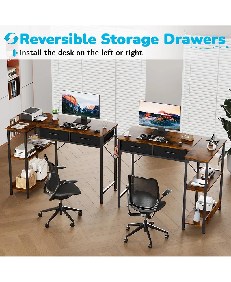 homfan 40 inchL-Shaped Desk with Power Outlet - 3-Tier Shelves and 2 Drawers, Corner Desk with Headphone Hook for Small Spaces