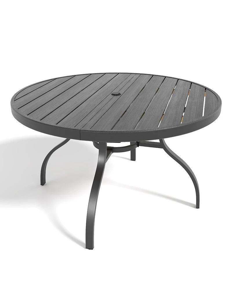 Clihome 47in Round Faux Wood Patio Table with Umbrella Hole, Rustproof Metal Leg Outdoor Dining