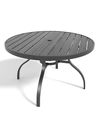 Clihome 47in Round Faux Wood Patio Table with Umbrella Hole, Rustproof Metal Leg Outdoor Dining