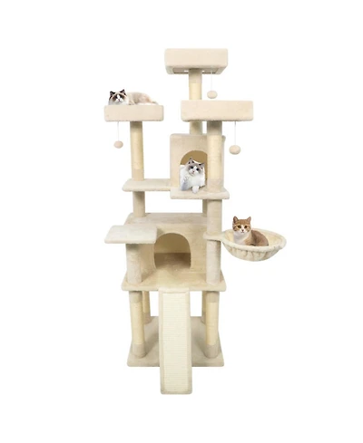 Sugift 65 in Tall Multi-Level Cat Tree with 3 Upholstered Perches and 2 Cat Condos