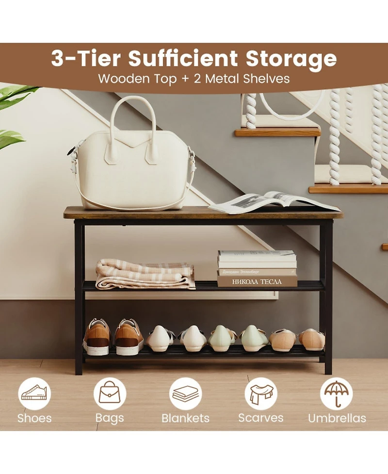 Sugift 3-Tier Shoe Rack Bench with Metal Slat Shelves and Long Wooden Seat