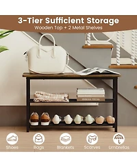 Sugift 3-Tier Shoe Rack Bench with Metal Slat Shelves and Long Wooden Seat