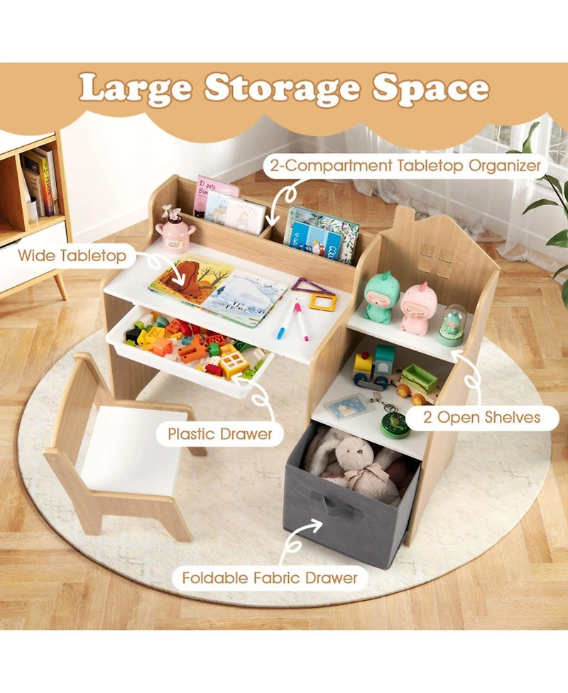 Sugift Kids Study Desk and Chair Set with 2 Open Shelves Drawer and Fabric Storage Bin