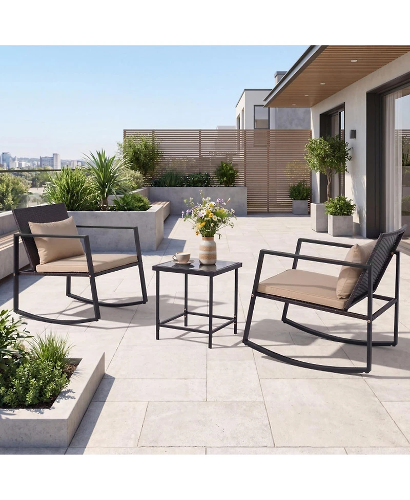 Sugift 3-Piece Outdoor Rocking Bistro Set with Soft Cushions and Tempered Glass Table