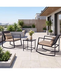 Sugift 3-Piece Outdoor Rocking Bistro Set with Soft Cushions and Tempered Glass Table