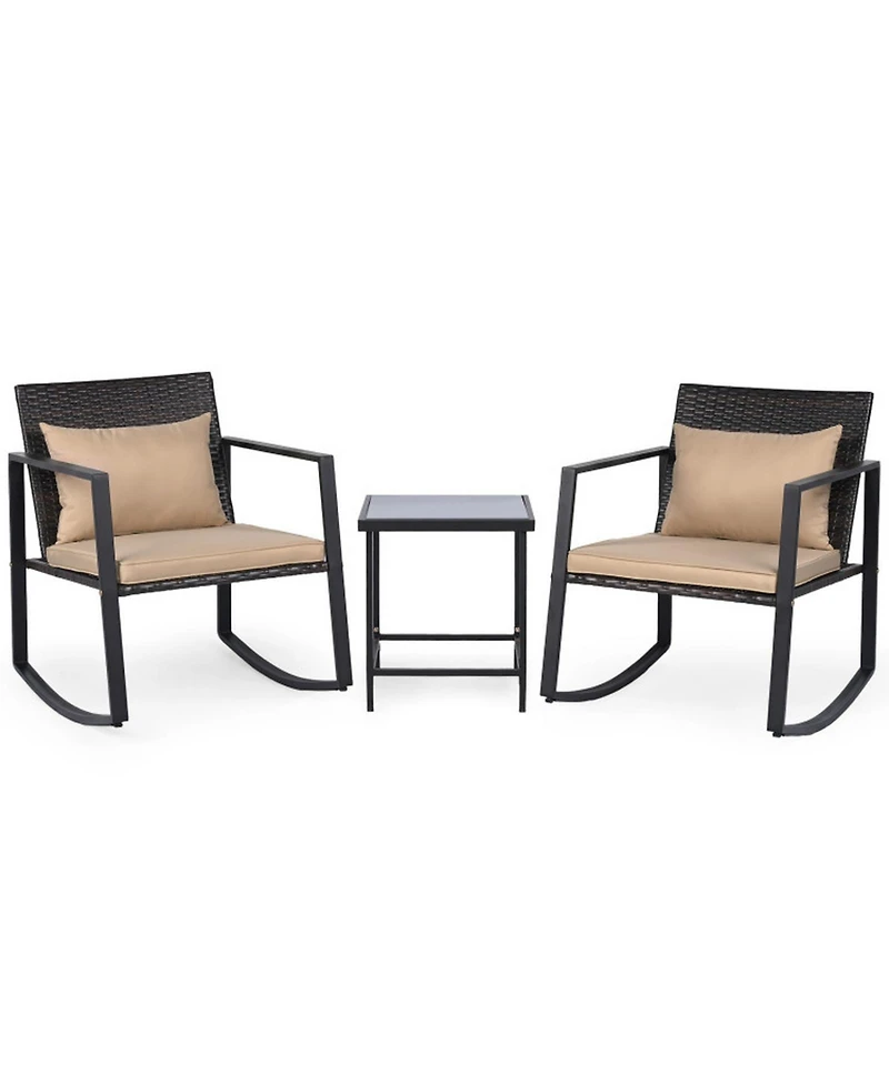 Sugift 3-Piece Outdoor Rocking Bistro Set with Soft Cushions and Tempered Glass Table