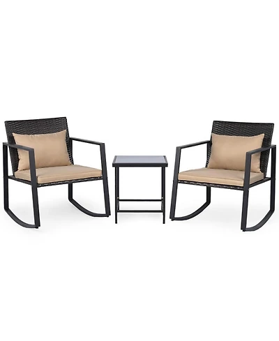 Sugift 3-Piece Outdoor Rocking Bistro Set with Soft Cushions and Tempered Glass Table