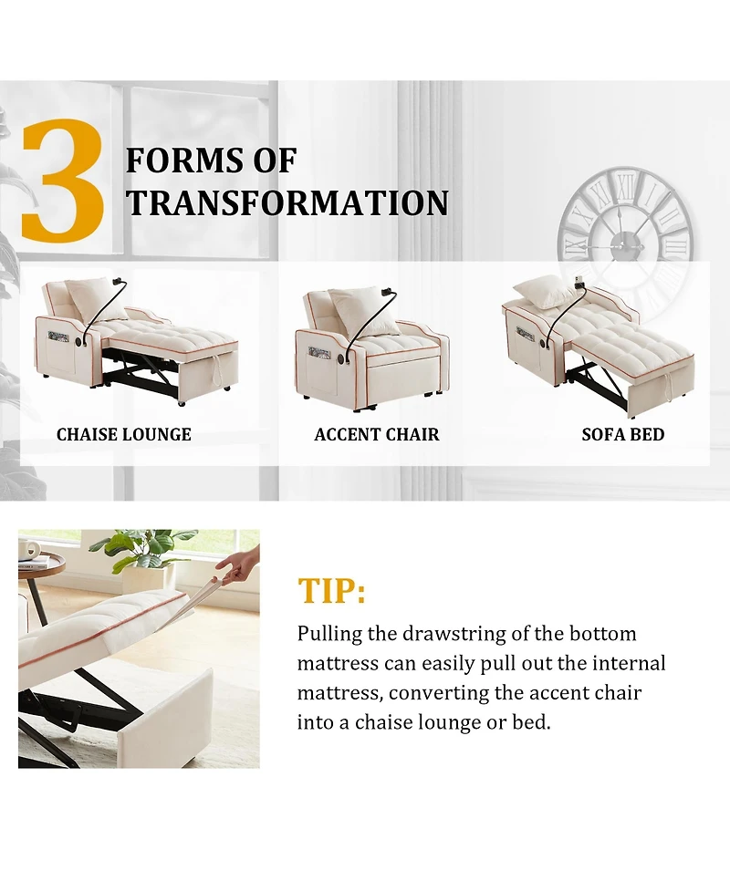 Clihome 3 1 Convertible Sleeper Sofa Chair Bed With Adjustable Backrest and Phone Holder
