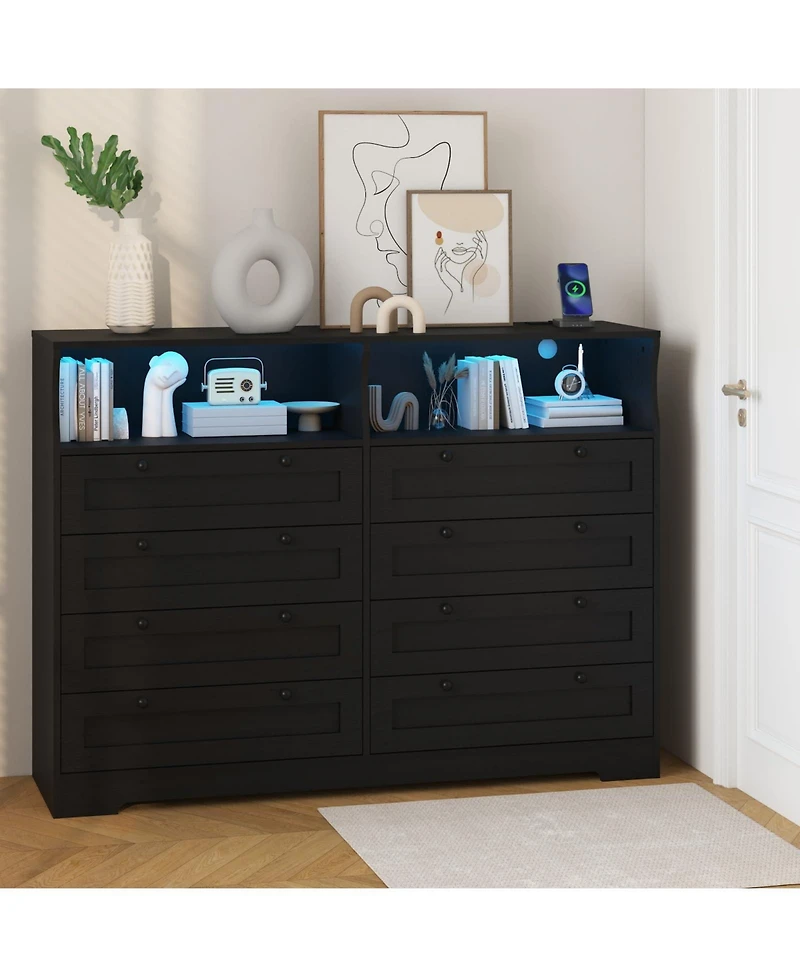 homfan 8 Drawer Wooden Dressers Bedroom with Led Lights, Charging Station and Open Shelf, Chest of Drawers, Farmhouse Tv Stand for Living Room