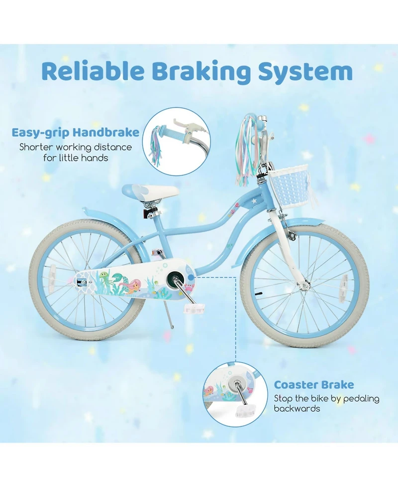 Slickblue Kids Bicycle Adjustable with Basket and Sea Princess Design