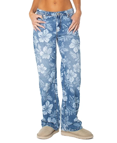 Roxy Women's Haven Flora Low-Rise Straight-Leg Floral-Print Jeans