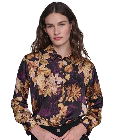 Karl Lagerfeld Paris Petite Gold Floral Printed Long-Sleeve Satin Blouse