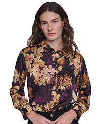 Karl Lagerfeld Paris Petite Gold Floral Printed Long-Sleeve Satin Blouse