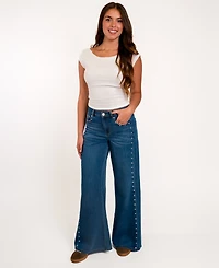 Indigo Rein Juniors' High-Waisted Wide-Leg Studded Jeans, 28-1/2" Inseam