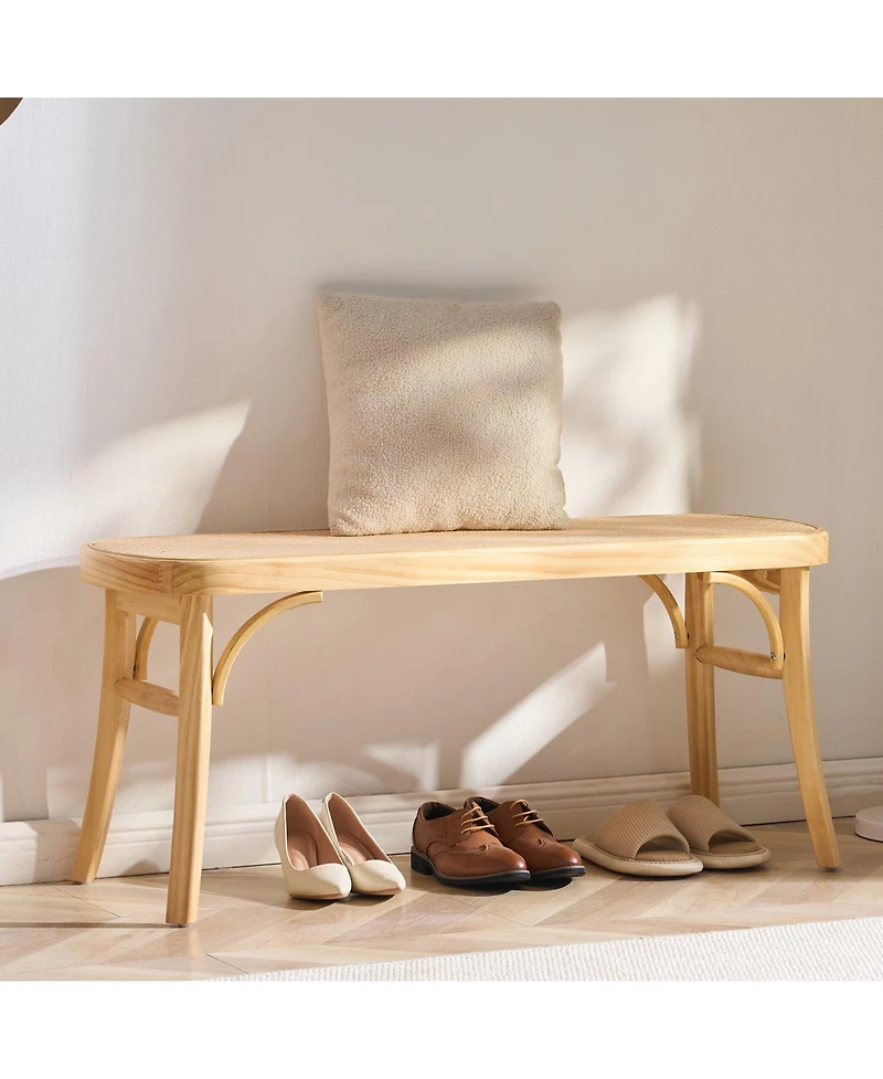 Slickblue Wooden Entryway Bench with Handwoven Rattan Seat and Oak Wood Legs for Bedroom Kitchen