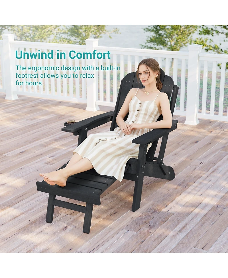 Sonkuki 3-Position Reclining Adirondack Chair with Retractable Ottoman, Folding Patio Cup Holder, Heavy Duty Hdpe Fire Pit Seating 350lbs