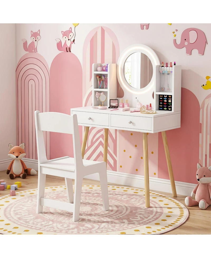 Costway Kids Vanity Set Princess Vanity Desk Set with 2-Color Led Lighted Acrylic Mirror